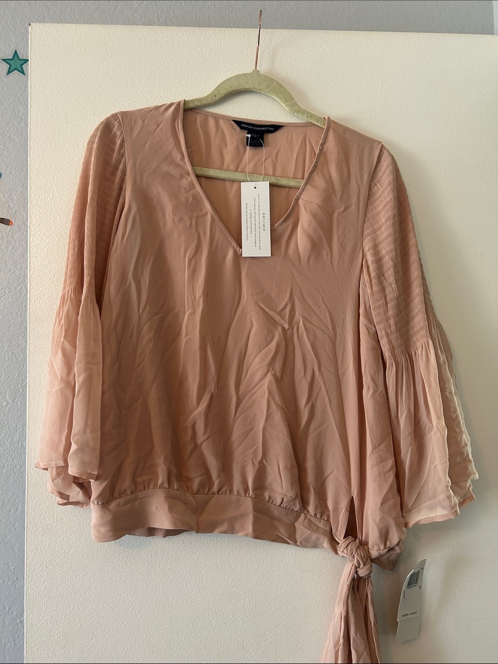 French Connection Blush Pink V-Neck Tie-Hem Peasant Blouse